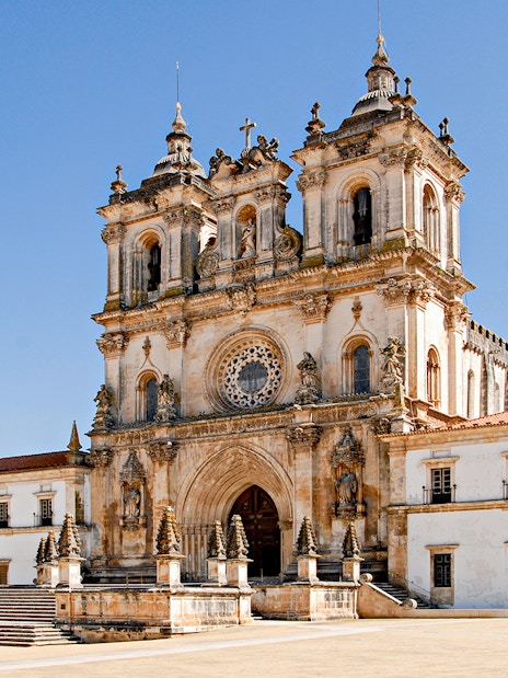 Facade of Alcobaça Monastery with twin bell towers, Lisbon.