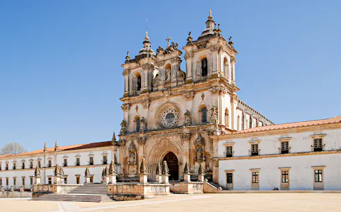 Facade of Alcobaça Monastery with twin bell towers, Lisbon.