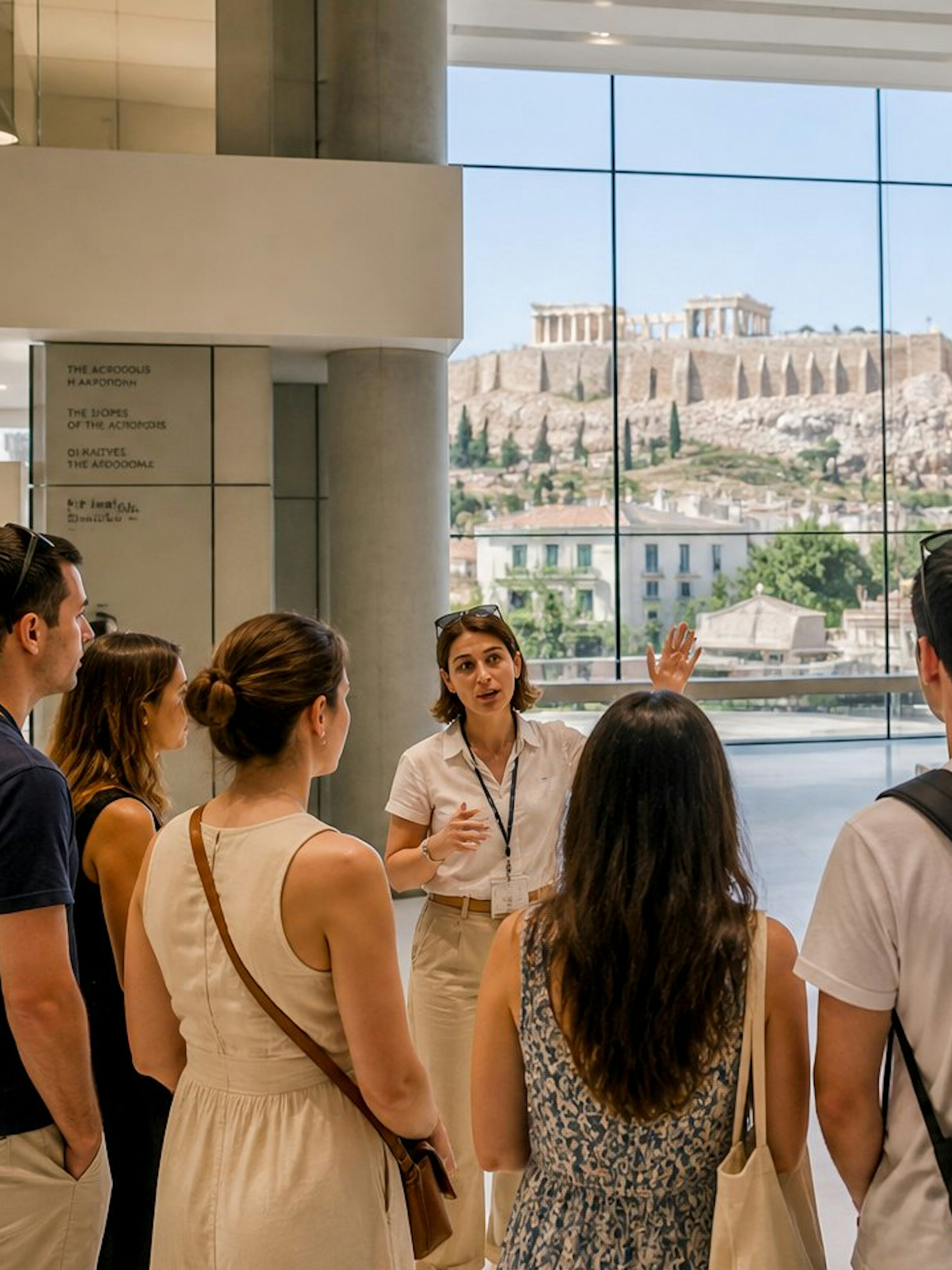 Tour group at Acropolis Museum in Athens viewing Caryatid statues with guide.