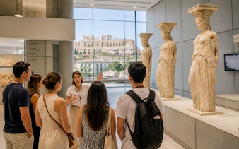 Tour group at Acropolis Museum in Athens viewing Caryatid statues with guide.