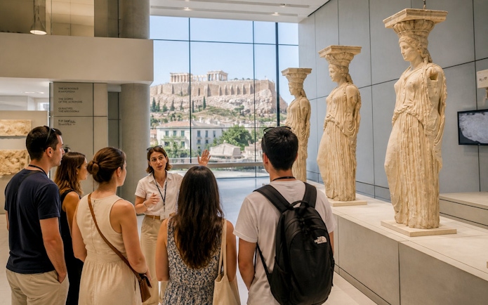 Tour group at Acropolis Museum in Athens viewing Caryatid statues with guide.