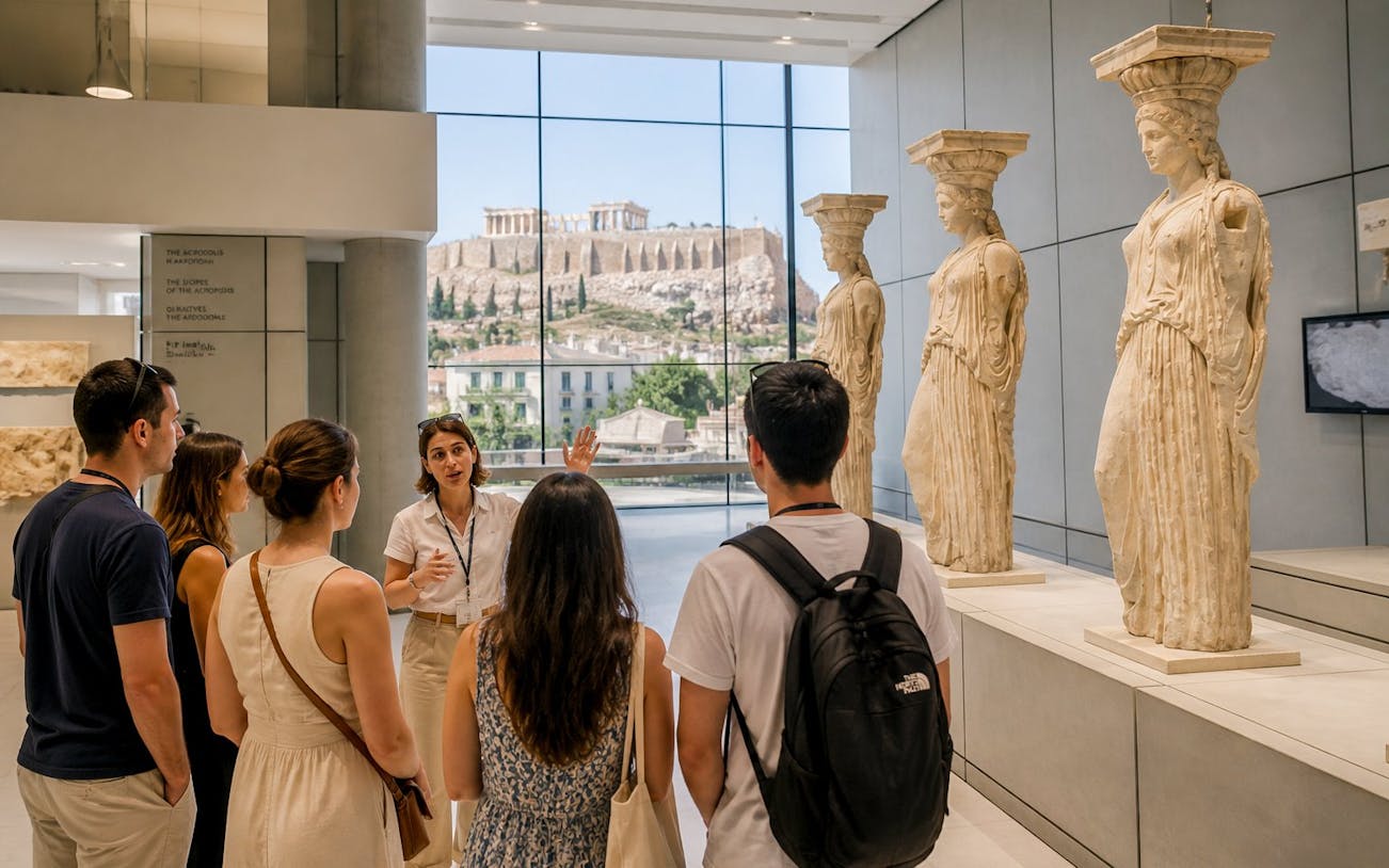 Tour group at Acropolis Museum in Athens viewing Caryatid statues with guide.