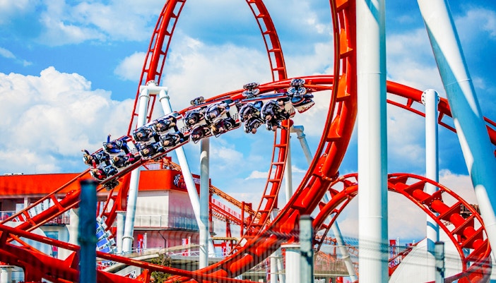 Roller coaster ride at Energylandia theme park, Poland, featuring the Formula attraction.