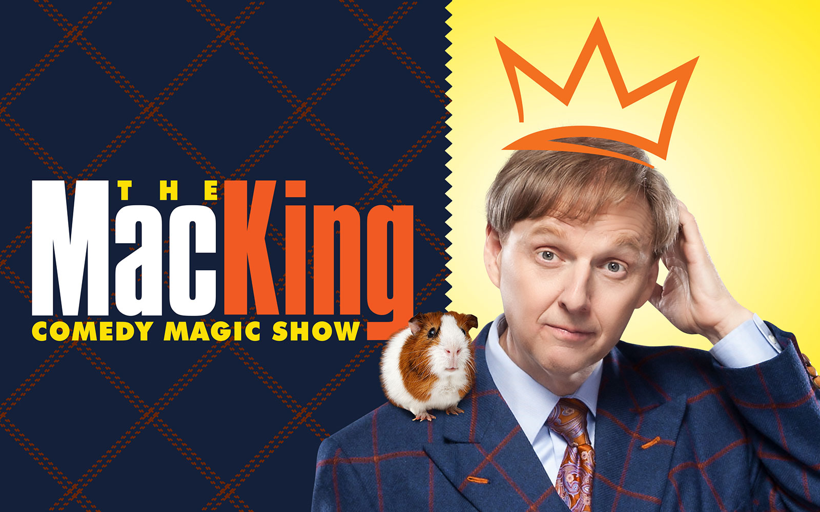 Mac King with guinea pig, promoting The Mac King Comedy Magic Show in Vegas.