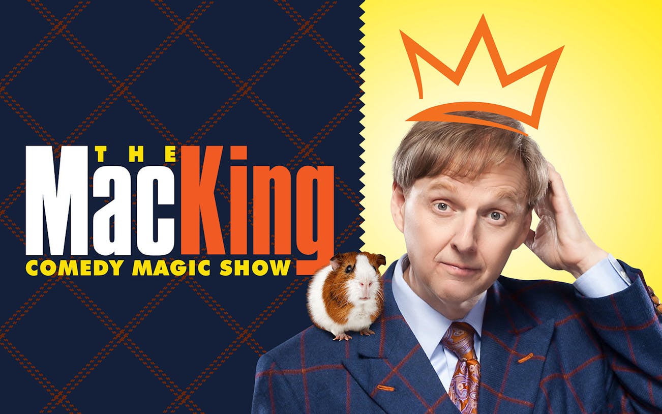 Mac King with guinea pig, promoting The Mac King Comedy Magic Show in Vegas.
