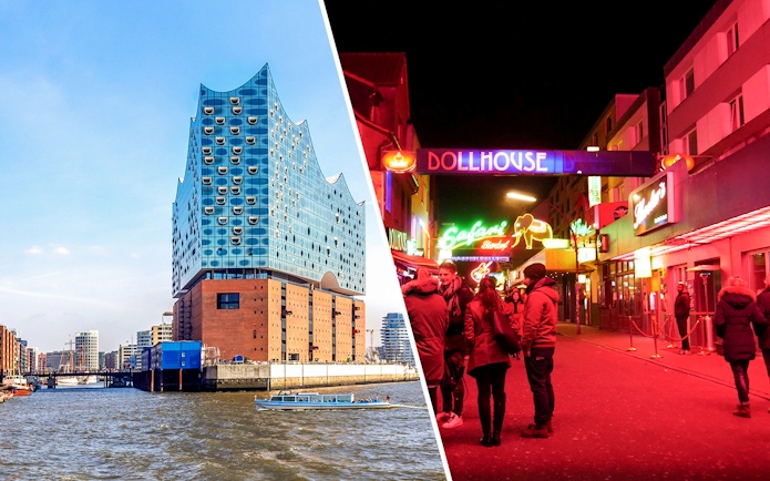 Elbphilharmonie building and St. Pauli nightlife scene in Hamburg.