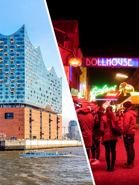 Elbphilharmonie building and St. Pauli nightlife scene in Hamburg.