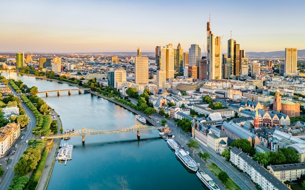 Aerial view of Frankfurt skyline and Main River during Panorama City Cruise.