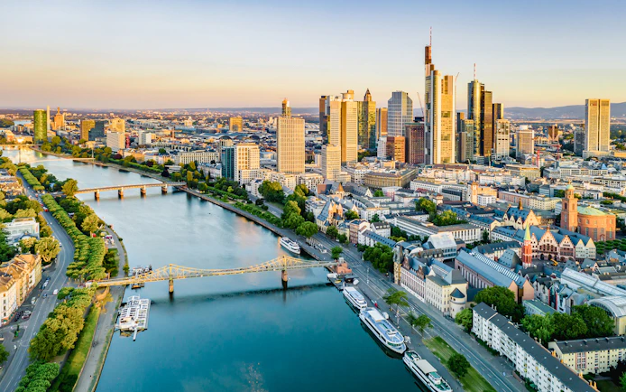Aerial view of Frankfurt skyline and Main River during Panorama City Cruise.