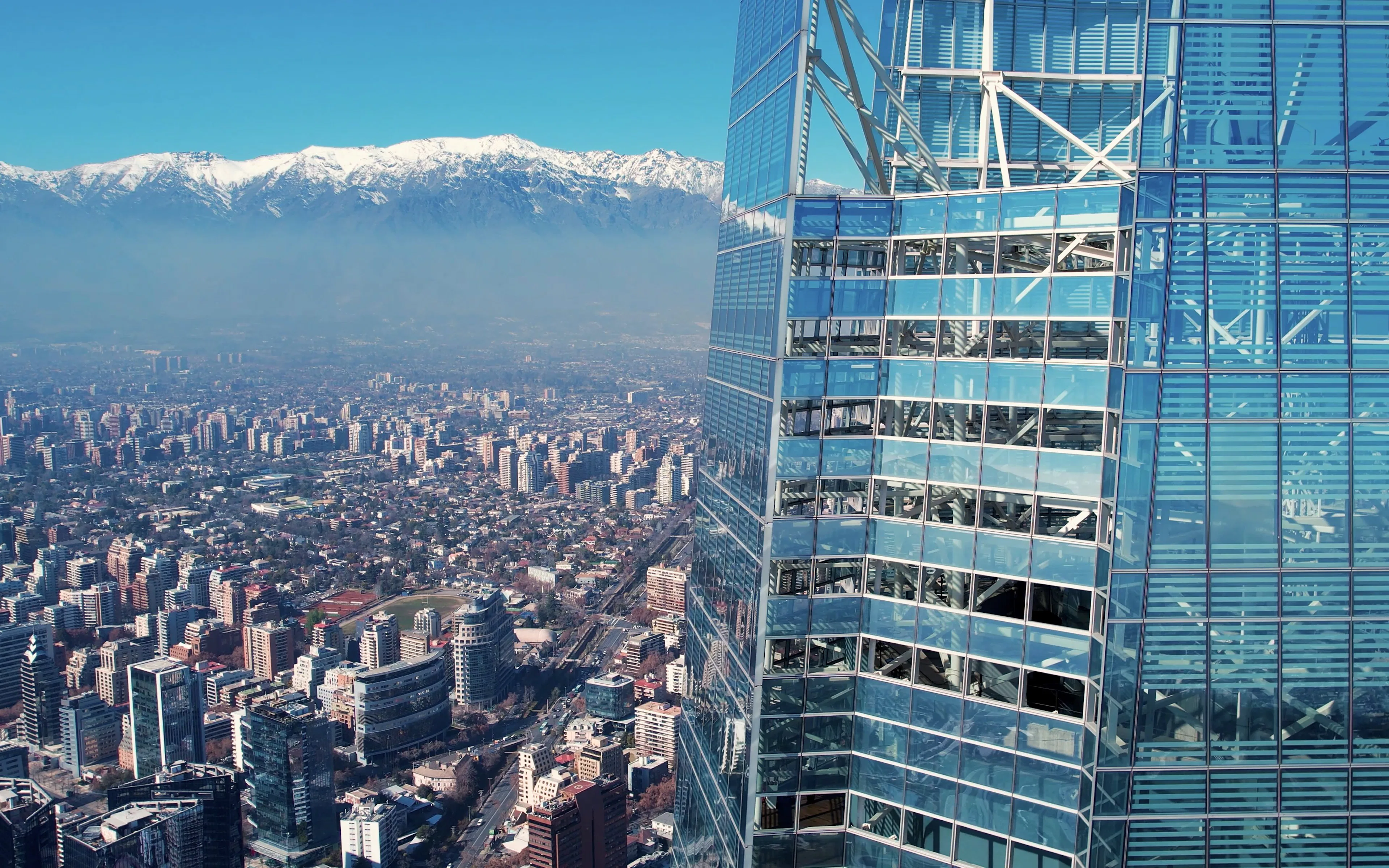 View from Sky Costanera's 61st and 62nd floors overlooking Santiago and Andes Mountains.