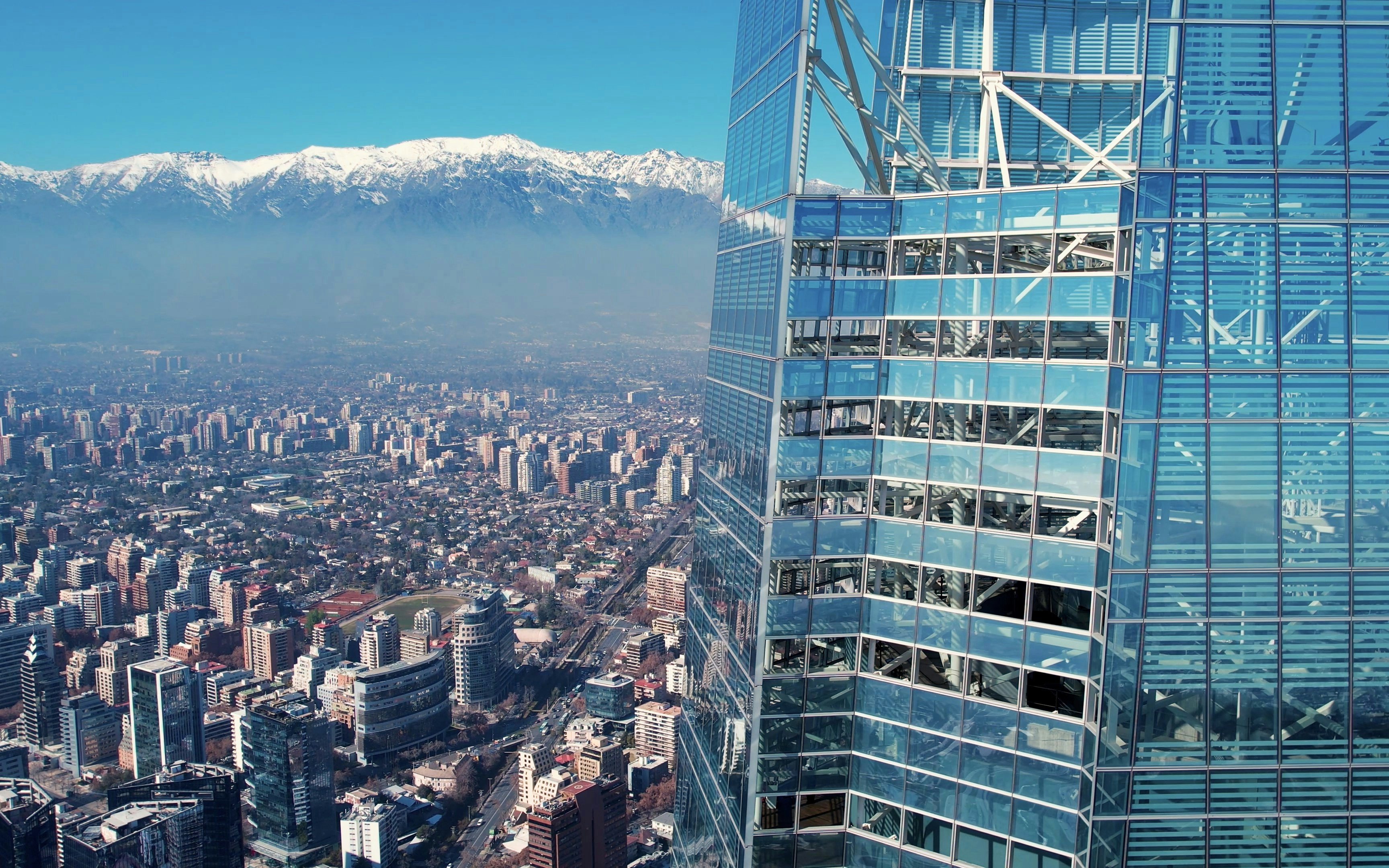 View from Sky Costanera's 61st and 62nd floors overlooking Santiago and Andes Mountains.