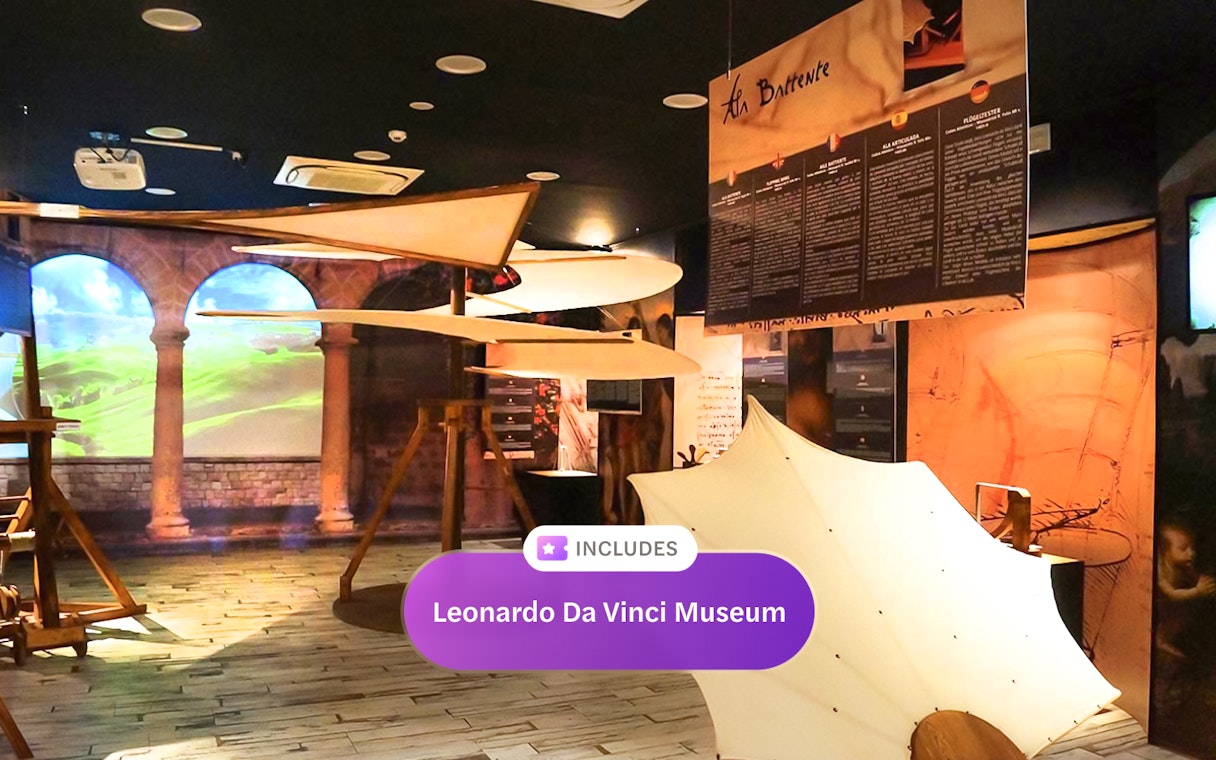 Leonardo Da Vinci Museum exhibit with flying machine models, Go City Rome Explorer Pass.