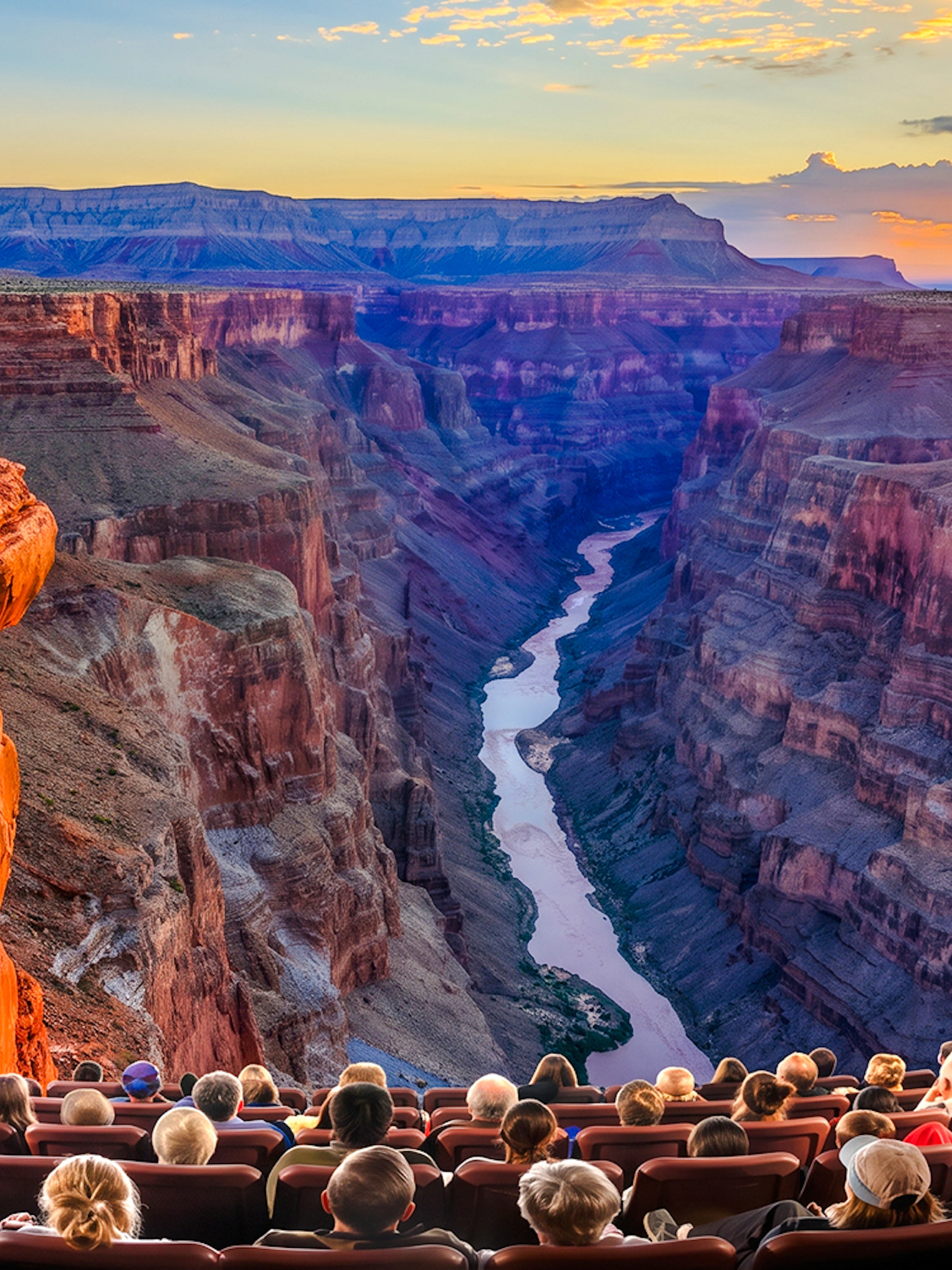 Audience watching Grand Canyon IMAX movie with canyon view and sunset.
