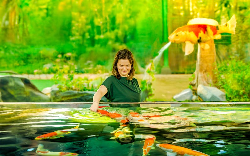Woman interacting with koi fishes in a pond at a garden exhibit.