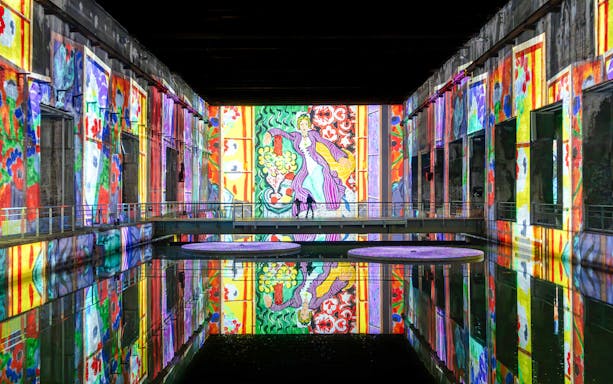 Matisse artwork projected on walls at Bassins des Lumières exhibition.