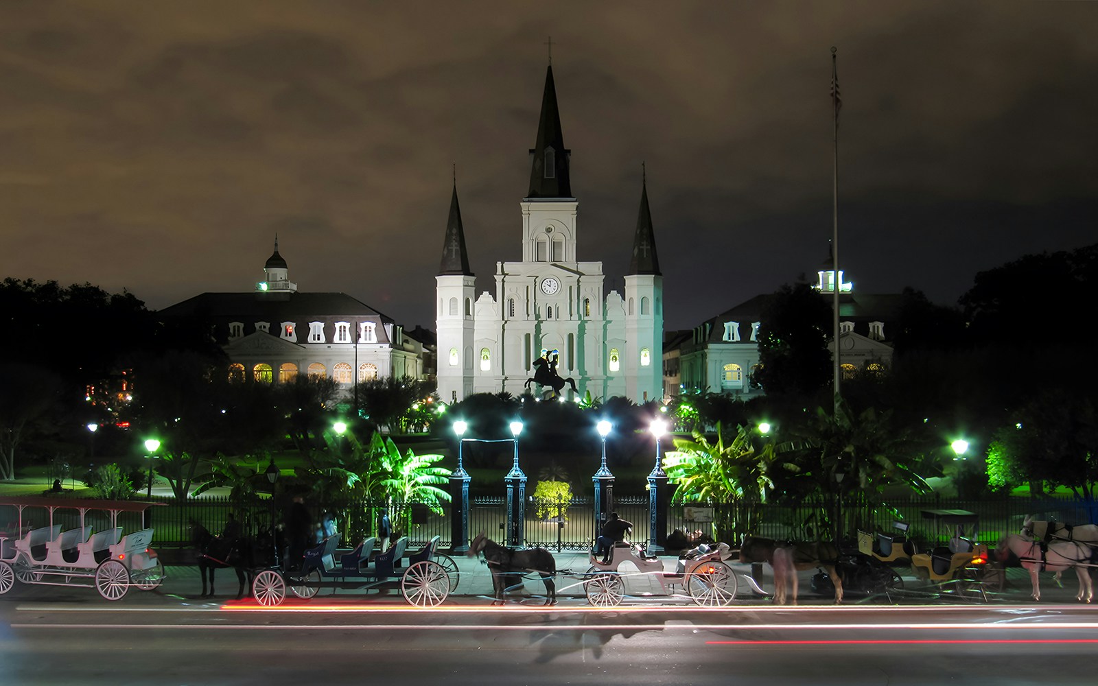 St. Louis Cathedral and Jackson Square illuminated at night, New Orleans.