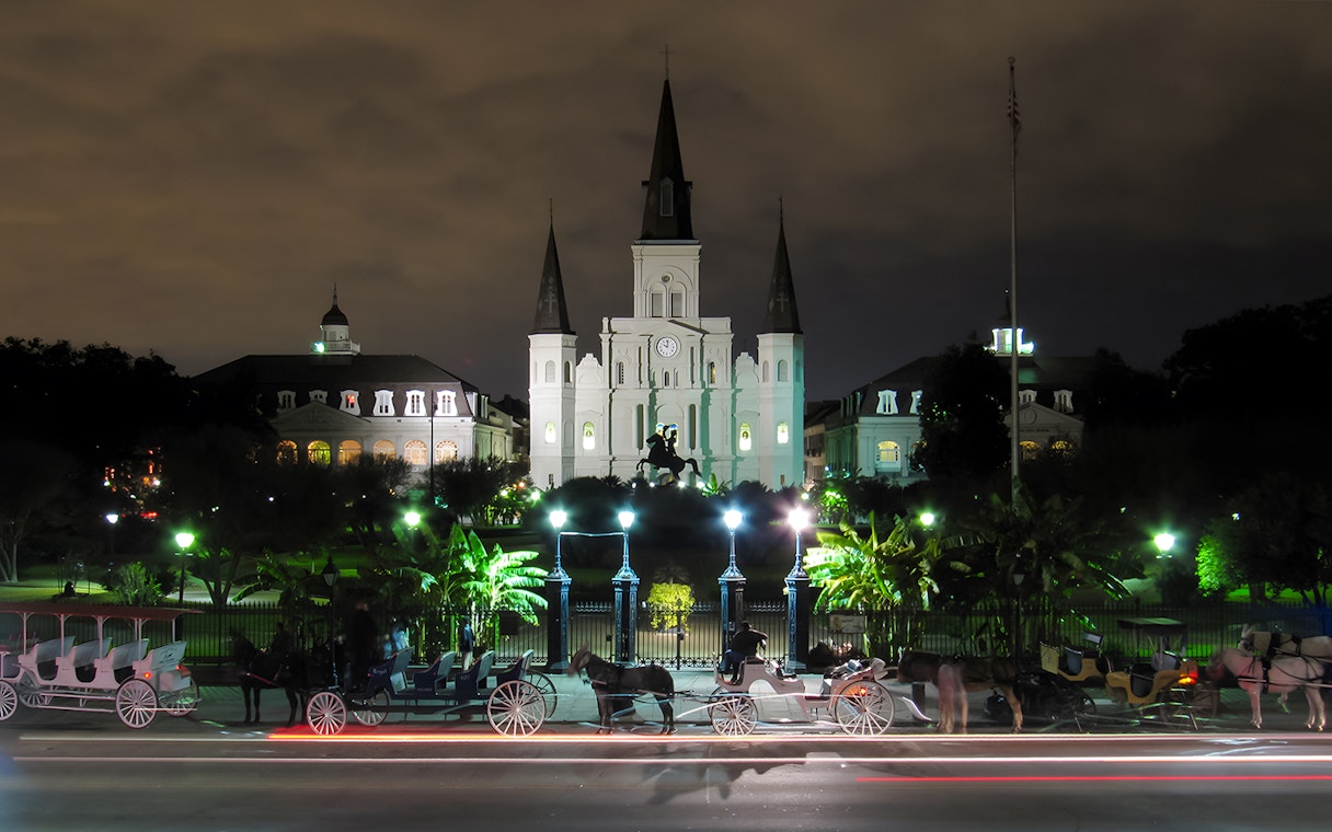 St. Louis Cathedral and Jackson Square illuminated at night, New Orleans.
