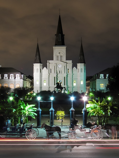 St. Louis Cathedral and Jackson Square illuminated at night, New Orleans.