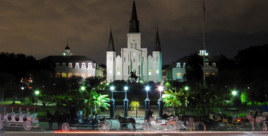 St. Louis Cathedral and Jackson Square illuminated at night, New Orleans.