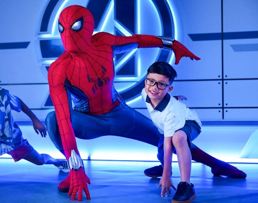 Kids meeting spiderman on Disney Adventure Cruise from Singapore