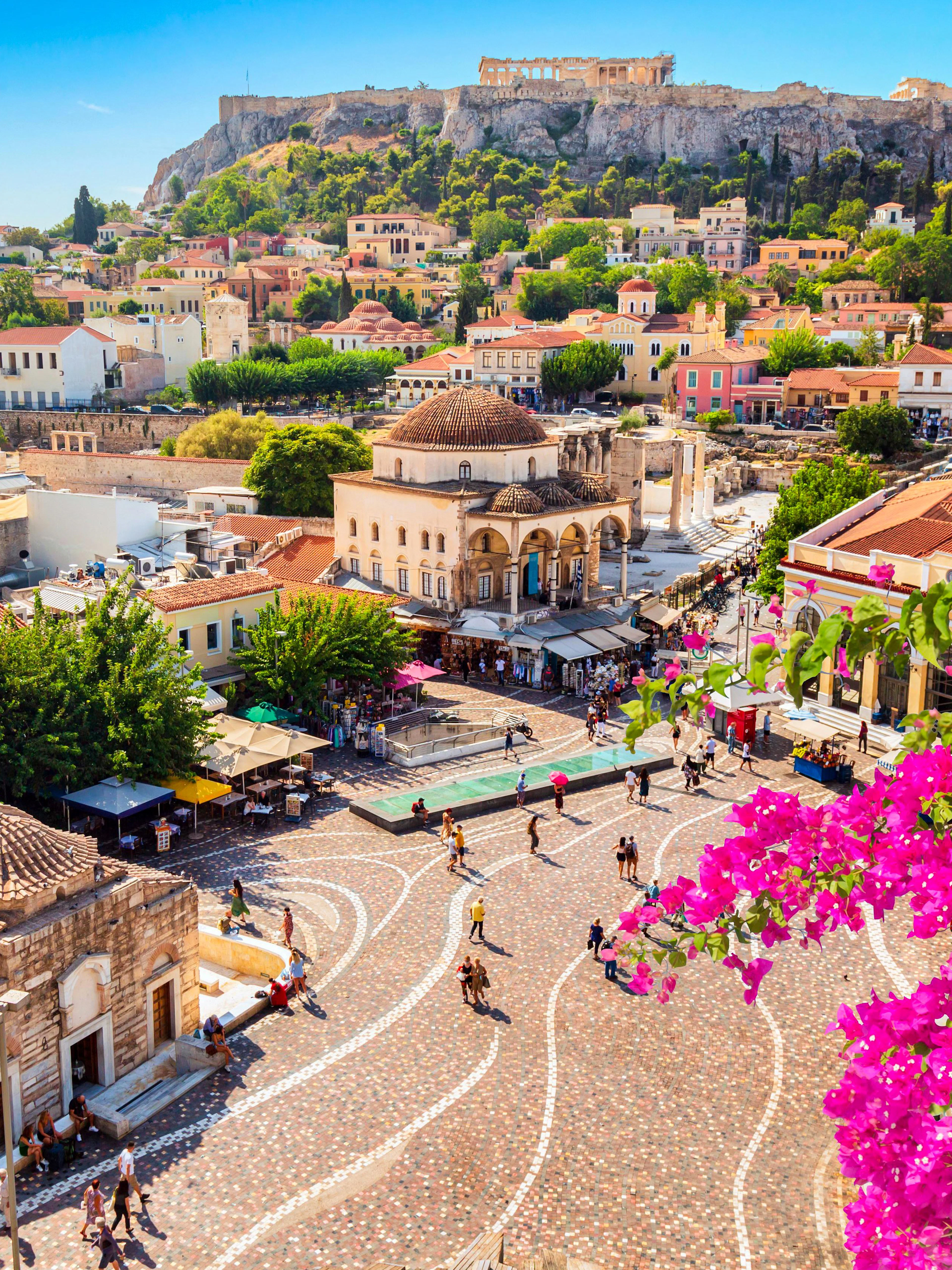 Monastiraki Square with Church of Pantanassa and Acropolis Hill in Athens, Greece.