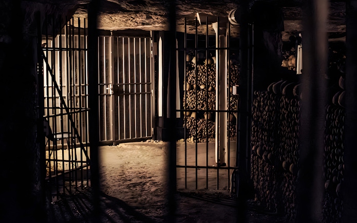 Dimly lit catacombs corridor with gated entrance and stacked bones, Paris tour.