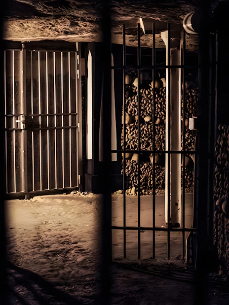 Dimly lit catacombs corridor with gated entrance and stacked bones, Paris tour.