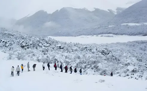 Group hiking through snowy landscape in Ushuaia with mountains in the background.