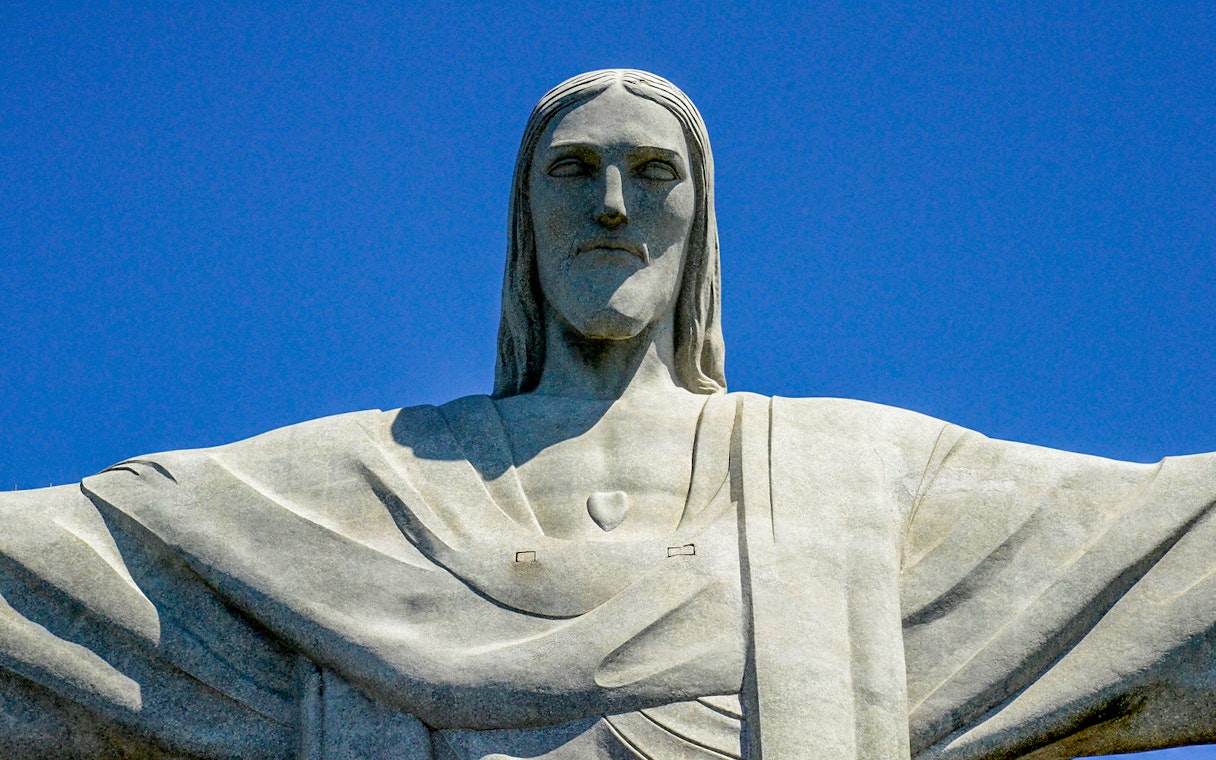 Christ the Redeemer statue close-up, Rio de Janeiro, Brazil.