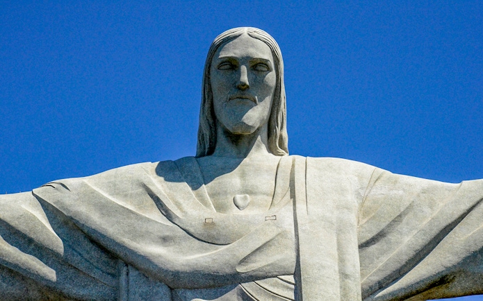 Christ the Redeemer statue close-up, Rio de Janeiro, Brazil.