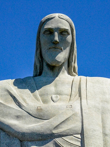 Christ the Redeemer statue close-up, Rio de Janeiro, Brazil.