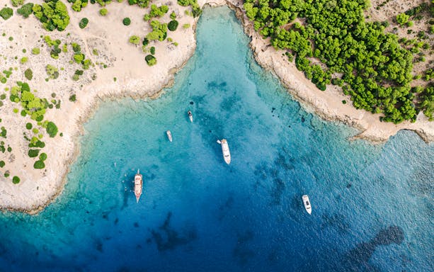 Aerial view of boats in the Saronic Gulf near a rocky coastline with green trees.