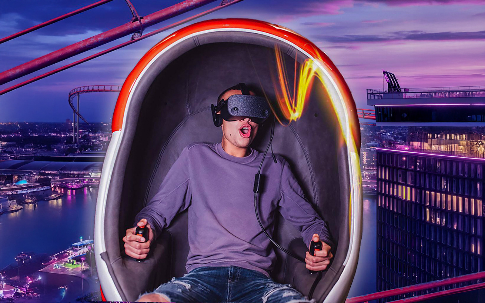 ADAM Lookout VR Ride with panoramic views of Amsterdam cityscape.