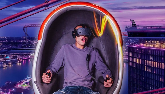 ADAM Lookout VR Ride with panoramic views of Amsterdam cityscape.
