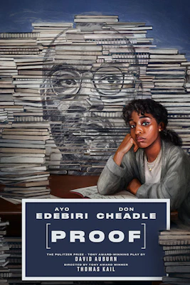 Poster for Proof Broadway show featuring a woman sitting by a stack of books.