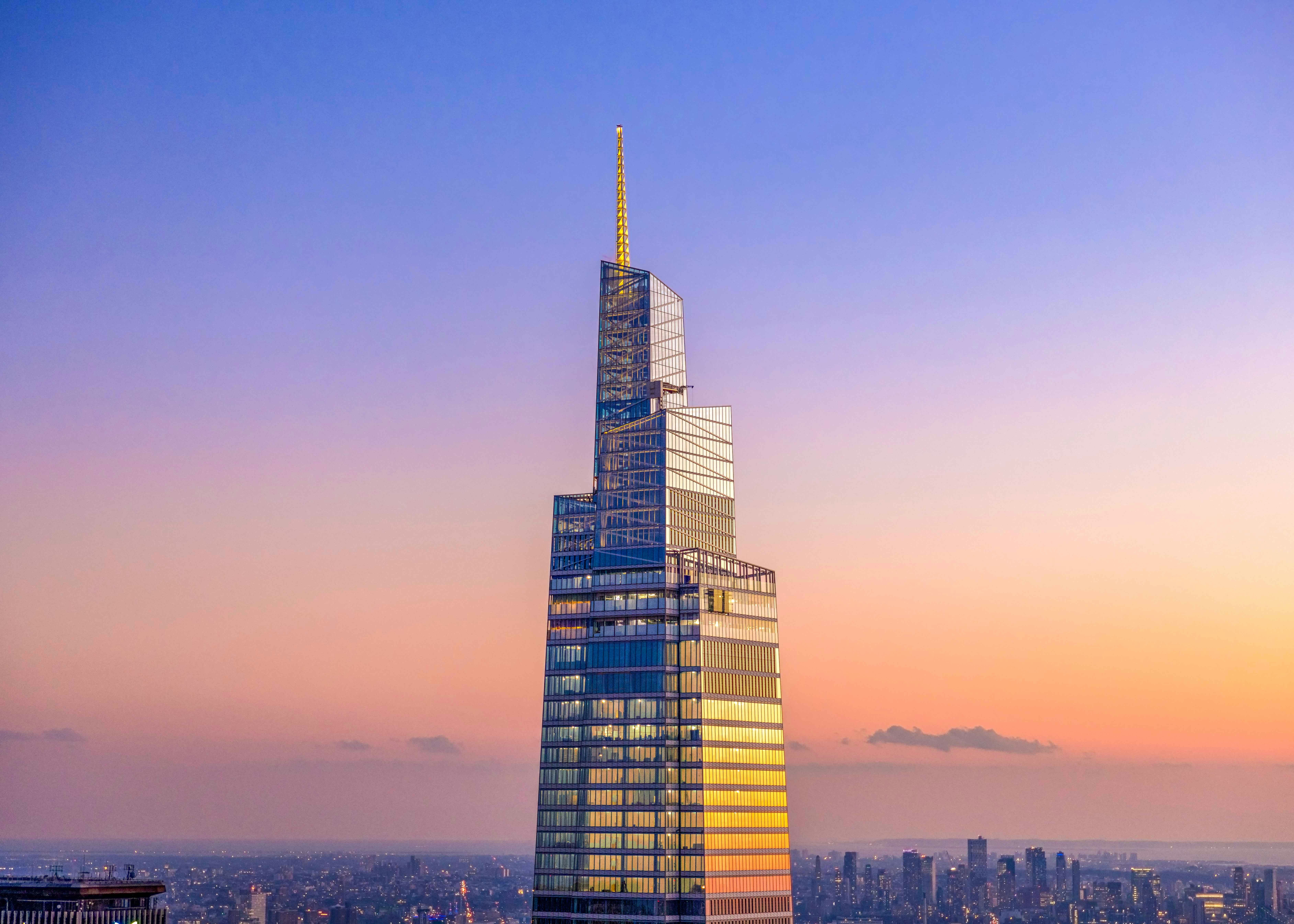 Summit One Vanderbilt aerial view at sunset, New York City skyline.