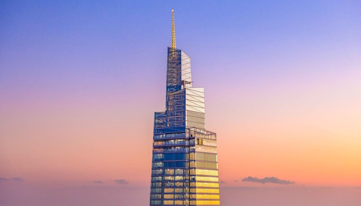 Summit One Vanderbilt aerial view at sunset, New York City skyline.
