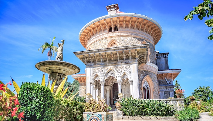 Monserrate Palace exterior with intricate architecture in Sintra, Portugal.