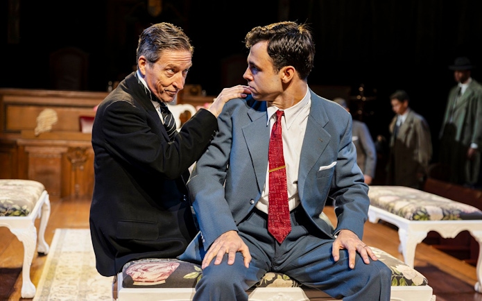 Stage scene from "Witness for the Prosecution" in West End courtroom setting.