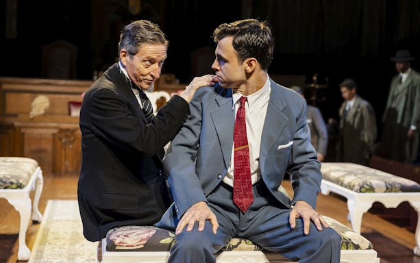 Stage scene from "Witness for the Prosecution" in West End courtroom setting.