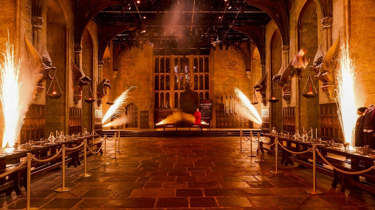 Hogwarts Great Hall with fire effects at Harry Potter Warner Bros. Studio, London.