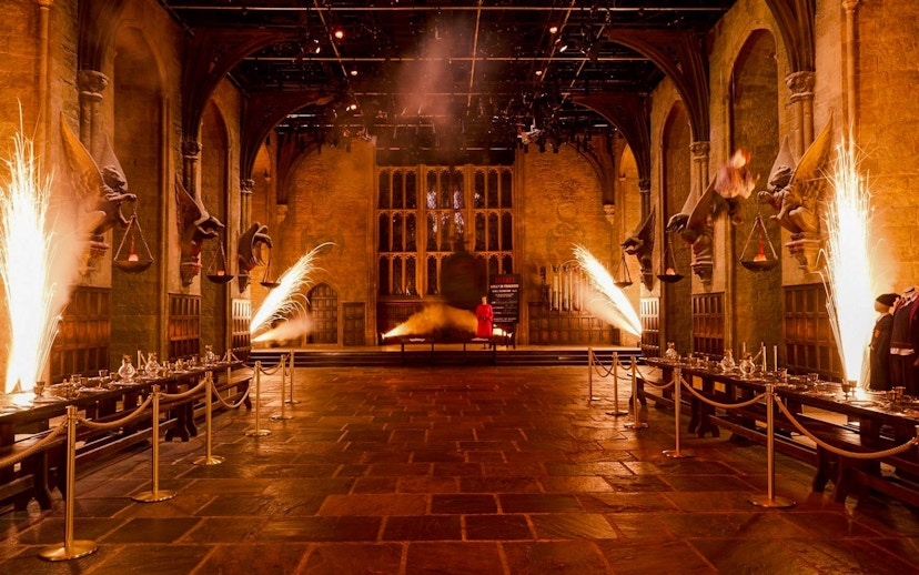 Hogwarts Great Hall with fire effects at Harry Potter Warner Bros. Studio, London.