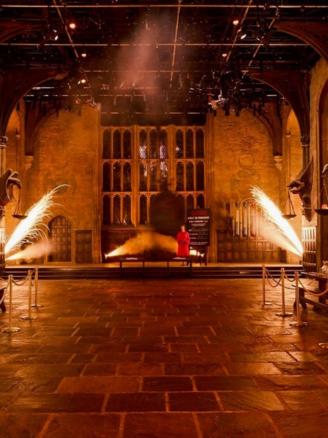 Hogwarts Great Hall with fire effects at Harry Potter Warner Bros. Studio, London.