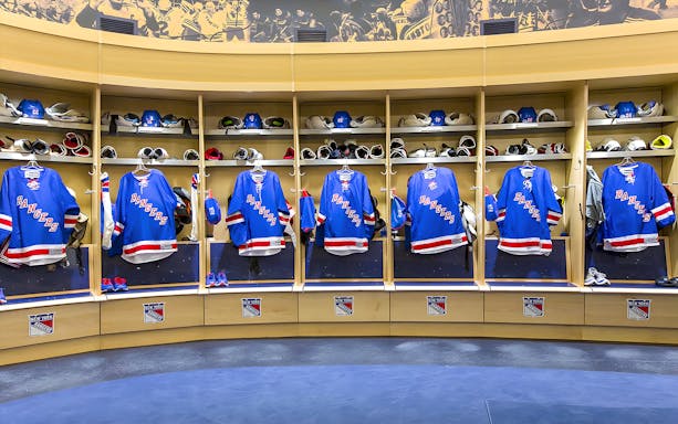 New York Rangers locker room at Madison Square Garden during guided tour.