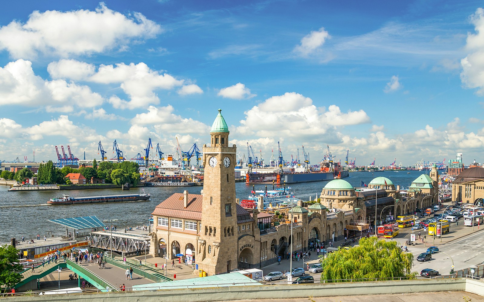 Hamburg Hafen Panoramic view overlooking the canal wth cruises