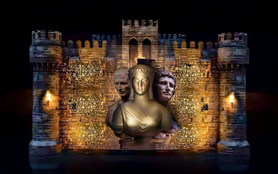 Qaitbay Citadel illuminated with ancient statues projected on its walls.