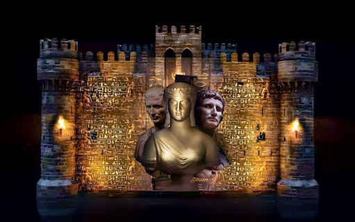 Qaitbay Citadel illuminated with ancient statues projected on its walls.