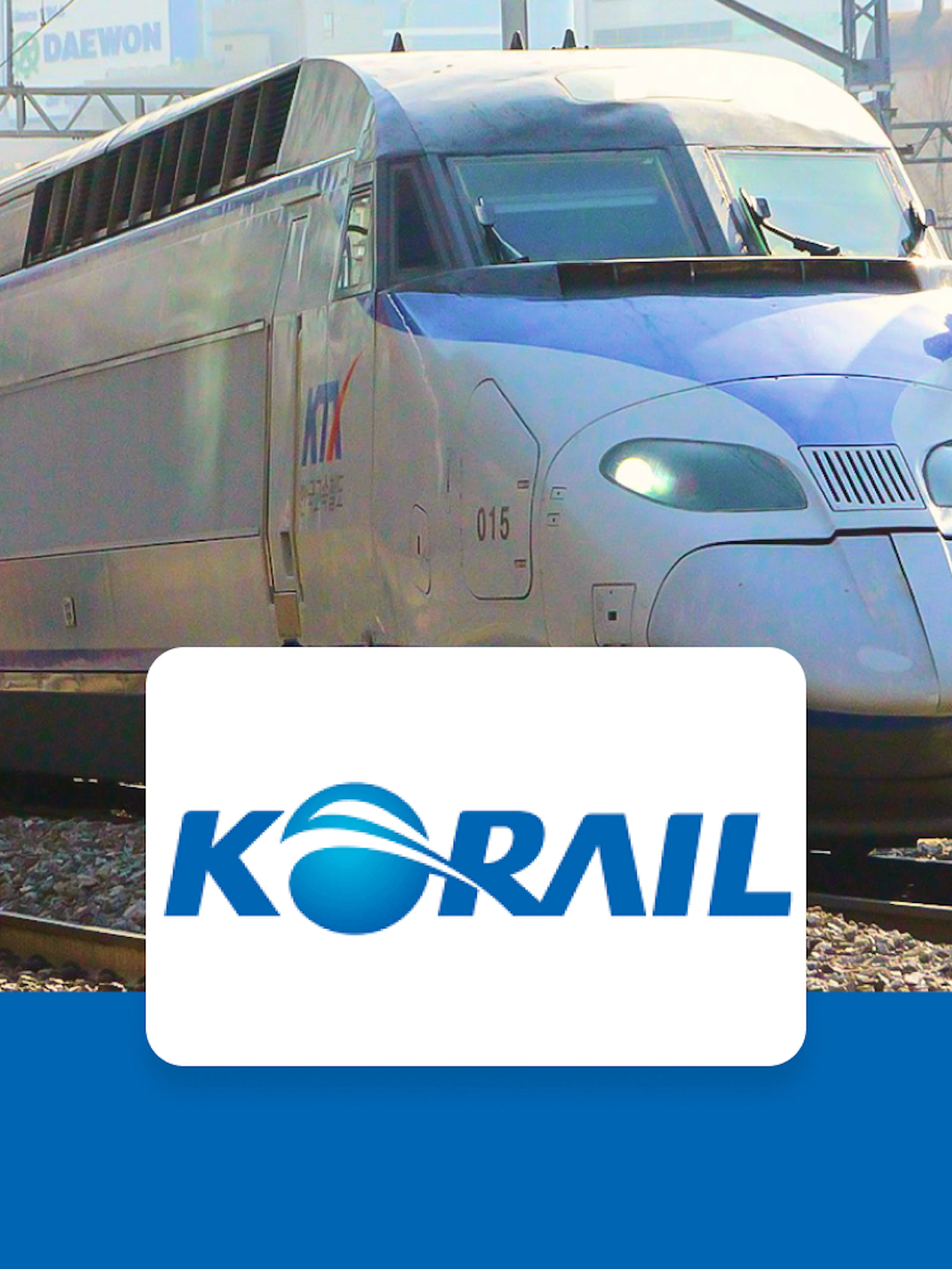 High-speed KTX train on tracks in South Korea, promoting KORAIL Pass.