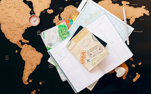 Travel documents and map for Vietnam E-Visa application, Southern Vietnam tour planning.