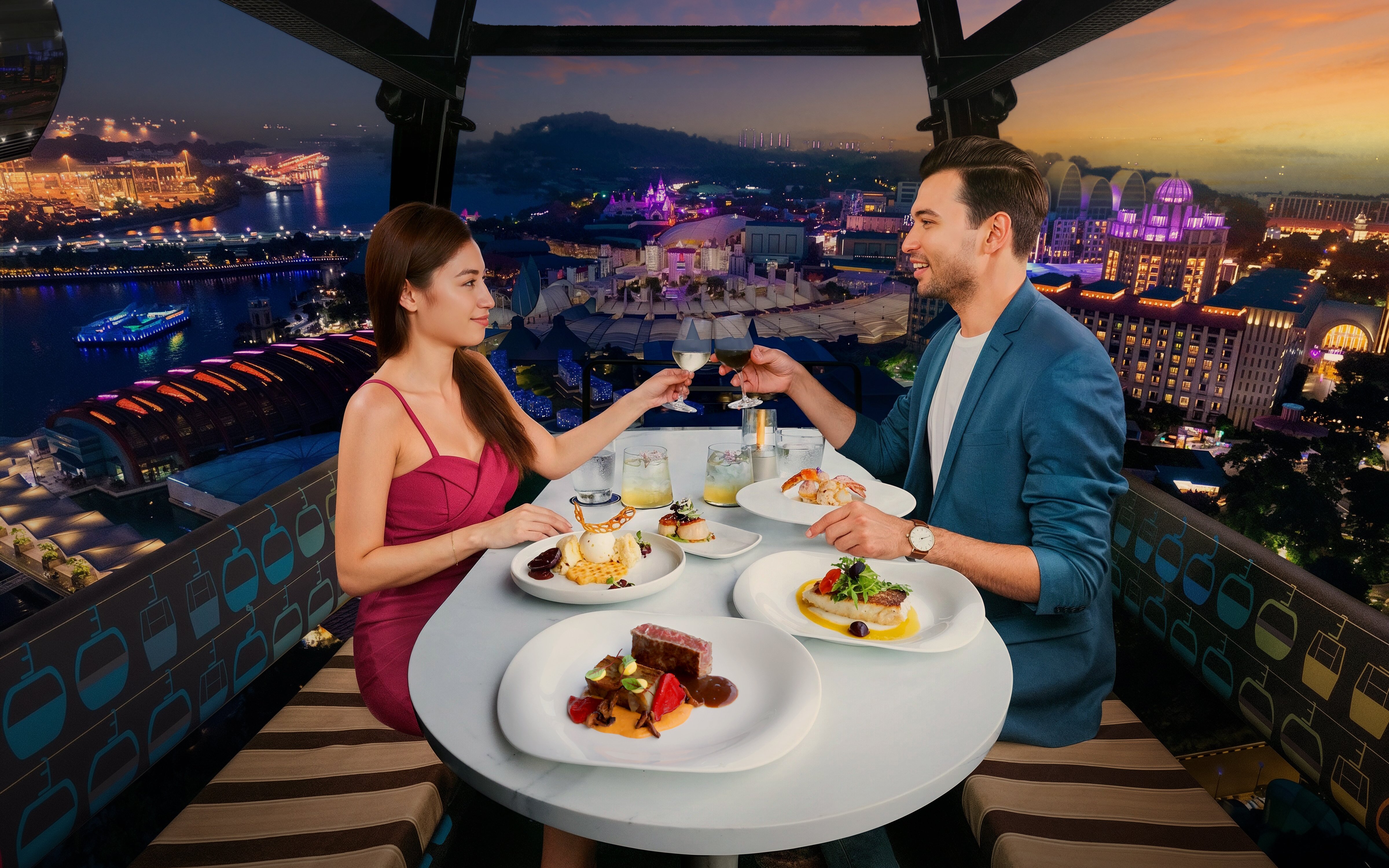 Couple dining in a cable car with a view of Singapore's cityscape at sunset.